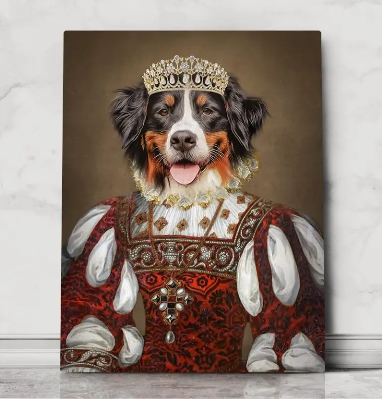 Golden retriever painted as a princess in a renaissance dress