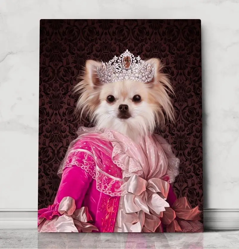 Long-haired chihuahua painted as a princess in a pink gown and tiara
