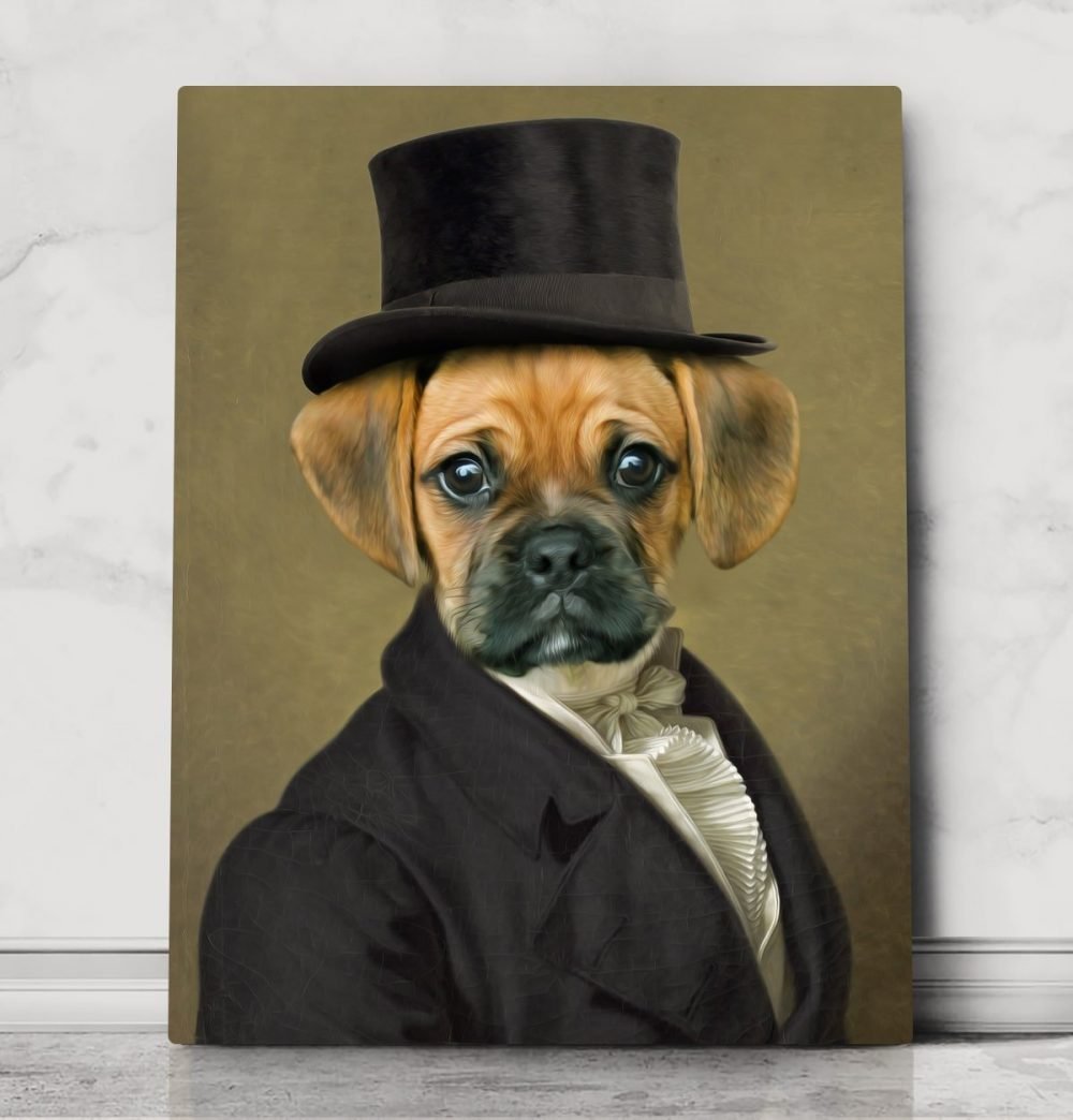 Gentleman dog portrait, top hat pug portrait, costume for dog, fashion male dog, dog jacket costume, royal pet portrait