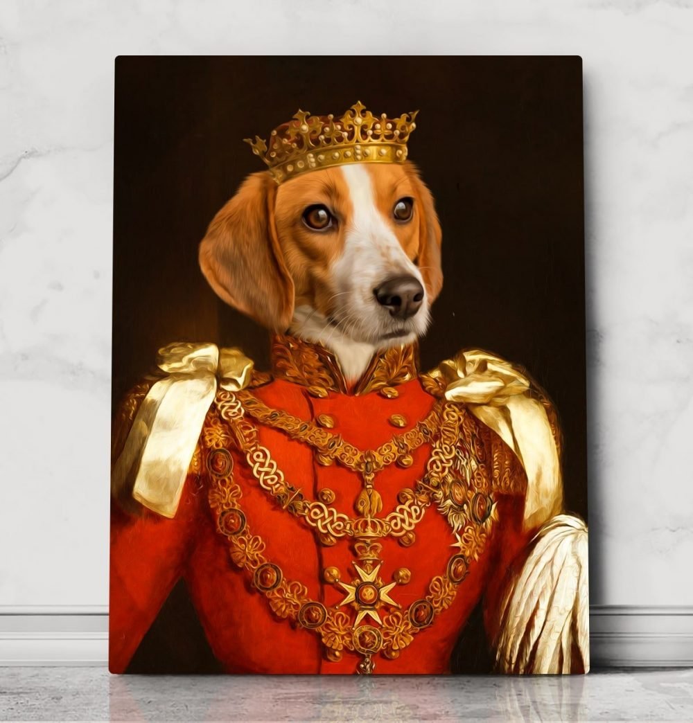 Royal pet Portrait, king dog with crown, custom pet portrait canvas, red costume dog portrait, renaissance pet